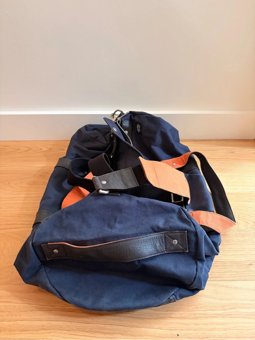 Jack Spade Navy Canvas Duffel with Orange Straps
